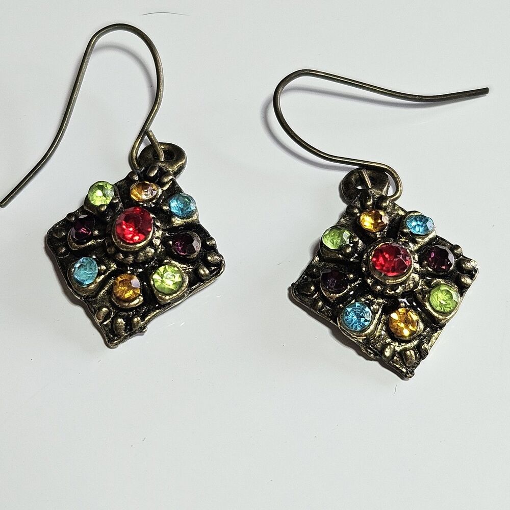 Colorful Bohemian Dangle Hook Earrings Boho Gold Tone Rhinestone